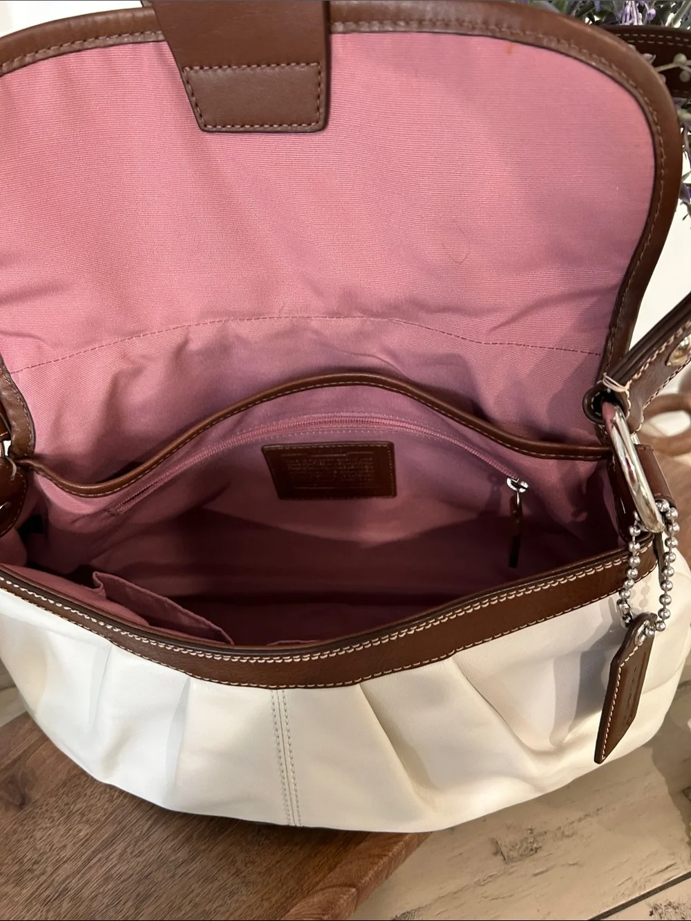 Coach White and Brown Leather Hobo Shoulder Bag with Buckle Detail
